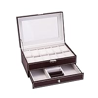 10 Slot watch case,12 Slot case storage,12 Slot double glasses case,can store sunglasses,rings,watches,smooth black,glass panel,carbon fiber (12-digit watch box)