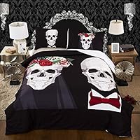 2018 New Skull Bedding Set King Top Gothic Duvet Cover 3pcs Couples Vintage Bedclothes Floral Double Love Bed Set (Color : Black, Size : US Queen 3pcs)