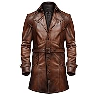 100% Genuine sheepskin Leather Brown long Coat with center fitting belt and button style Long Coat design.