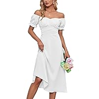 Women's Off Shoulder Wrap Ruffle Puff Short Sleeve Ruched Tie Back Dress