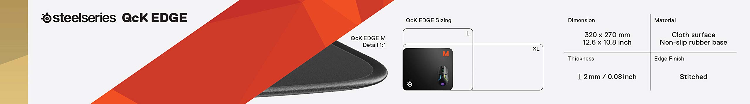 SteelSeries QcK Edge - Cloth Gaming Mouse Pad - stitched edge to prevent wear - optimized for gaming sensors - size M