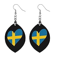 Heart Sweden Flag Printed Earrings Wooden Boho Vintage Pendant Dangle Apricot Shaped Earrings for Women