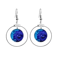 Dark Blue Roses Flowers Art Deco Gift Fashion Earrings Dangle Hoop Jewelry Drop Circle