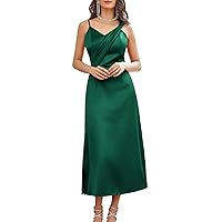 GRACE KARIN Women's 2023 Satin A Line Midi Dress Asymmetric Straps V Neck Slit Cocktail Party Wedding Guest Slip Dress