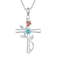 Cross Necklace for Women, 925 Sterling Silver Birthstone Necklace for Women with Rose Flower Birthstone Womens Jewelry Birthday Gifts for Wife Women