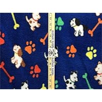 Fabric Empire Puppies with Multicolored Pawprints and Bones on Blue Background Fleece Fabric: 58
