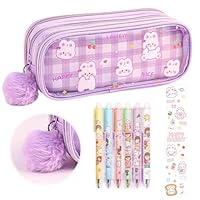 Pencil Pouch Clear 3-Tier Large Capacity Cute Print Animal Easy Clean + 6 Pens & Plush Keychain & Stickers (Purple)