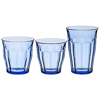Duralex Made In France Picardie 18-Piece Glass Tumbler Drinking Set, Marine Blue. Set includes:(6 Units) 8-3/8 oz Tumblers; (6 Units) 10-3/8 oz Tumblers; (6 Units) 12-1/8 Tumblers