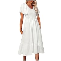 Women Chiffon Waist-Defined Bohemian Midi Dresses Summer Casual Fashion Floral Short Sleeve V Neck A-Line Dress