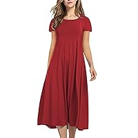Women's Casual Loose Plain Pleated Long Dress Short Sleeve Pleated Vintage Midi Dresses Girls Homecoming Dresses