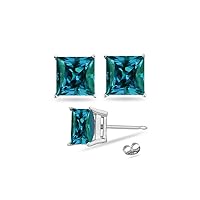 June Birthstone - Lab Created Princess Cut Alexandrite Stud Earrings in 14K White Gold Available in 4MM-7MM