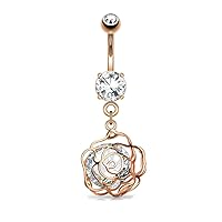 (1 Piece) Rose Gold Plated Large CZ Incased Camellia Flower Dangle Belly Ring 14g