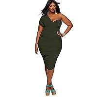 Plus Size One-Shoulder Ruched Bodycon Dress (Army Green)