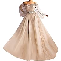Tsbridal Puffy Long Sleeve Prom Dresses Tulle Ball Gowns for Women Formal Party Dress Split Beaded
