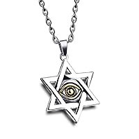Mens Evil Eye Star of David Pendant Vintage Silver Gold Stainless Steel Jewish Necklace, 22 Inch Chain
