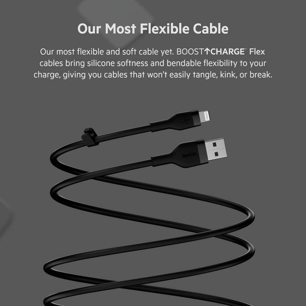 Belkin BoostCharge Flex Silicone USB-A to USB-C Cable (2M/6.6FT), MFi-Certified Charging Cable for Samsung Galaxy Series, Google Pixel, & More with Cable Clip - Black