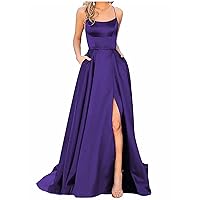 Cocktail Dresses for Women with Slit Floor Length Formal Gowns Spaghetti Straps Satin Prom Dresses with Pockets