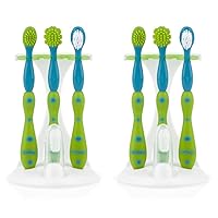 Nuby 4-Stage Oral Care Set with 1 Silicone Finger Massager, 2 Massaging Brushes, 1 Nylon Bristle Toddler Tooth Brush, Green/Aqua (Pack of 2)