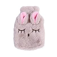 Hot Water Bottle Warm Water Bag Cartoon Rubber Feet Warmer Water Heating Pad with Plush Cover Beige