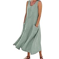 Cotton Linen Dresses for Women Sleeveless Casual Boho Deep V Neck Dress Tank Long Dress with Pockets
