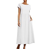 Short Sleeve Dresses for Women 2024 O-Neck Dress Casual Comfy Cotton Linen Tunic Beach with Pockets Summer, S XXL