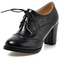 Womens High Block Heel Pumps Oxfords Ladies Lace Up Classic Anti-Skid Vintage Round Toe Office Dress Shoes