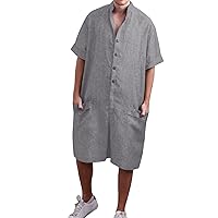 Mens Loose Fit Casual Jumpsuits Short Sleeve Button Down Rompers Oversized V Neck Wide Leg Overalls Pajamas with Pocket
