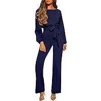 Women's One Piece Jumpsuit Casual Fashion Round Neck Long Sleeved High Waisted Matching Belt Jumpsuit, S-2XL