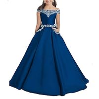 Girls' Satin Beaded Pageant Dress With Pockets A Line Off Shoulder Princess Ball Gown 3 Dark Blue