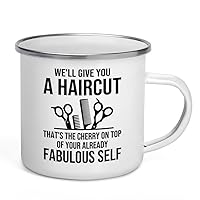 Hair Stylist Camper Mug 12oz - We'll Give You a Haircut - Hair Stylist Gift Beautician Hairdresser Salon Barber Hairdo Cosmetoloist Scissors Blower