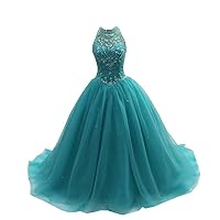 Sheer Neck Crystal Organza Ball Gowns Prom Evening Dresses 2023 A line Tulle