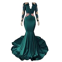 Women's Long Sleeves Mermaid Prom Dresses Gold Lace V Neck Eevening Party Gowns