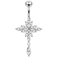 Fancy Cross Flower Dangling 925 Sterling Silver with Stainless Steel Belly Button Navel Rings