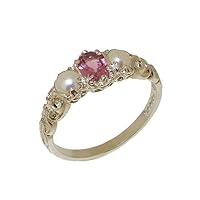 925 Sterling Silver Real Genuine Pink Tourmaline & Cultured Pearl Womens Band Ring