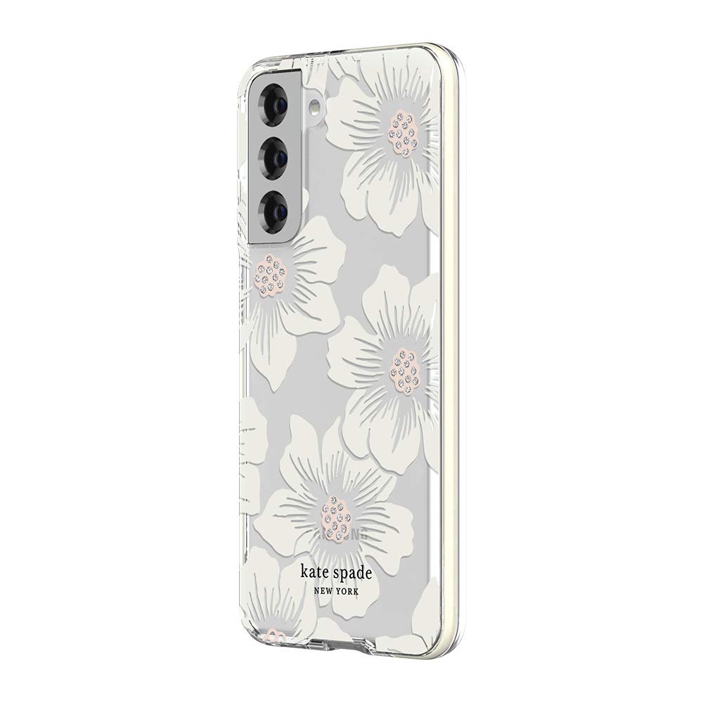 kate spade new york Defensive Hardshell Case Compatible with Samsung Galaxy S21 5G - Hollyhock Floral Clear/Cream with Stones/Cream Bumper