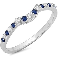 Round Cut Created Blue Sapphire & White Diamond Anniversary Wedding Stackable Band Guard Ring for Women 14K White Gold Plated 925 Sterling Sliver