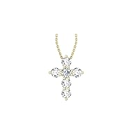 14k Yellow Gold timeless cross pendant set with 5 round white/colorless sapphires (.47ct, AA Quality) encompassing 1 round white diamond, (.1ct, H-I Color, I1 Clarity), dangling on a 18