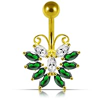 Gold Plated Dark Green Gem Beautiful Butterfly Sterling Silver Belly Ring