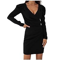 Hawaiian Dresses for Women,Ladies Sexy Dress Deep V Neck Long Sleeve Ruched Solid Color Dress Mini Party Cockta