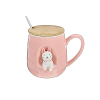 Rabbit Bunny Pink Ceramic Coffee Mug Tea Cup Milk Cup Water Cup with Wood Lid Spoon,Easter Party Decoration Gift