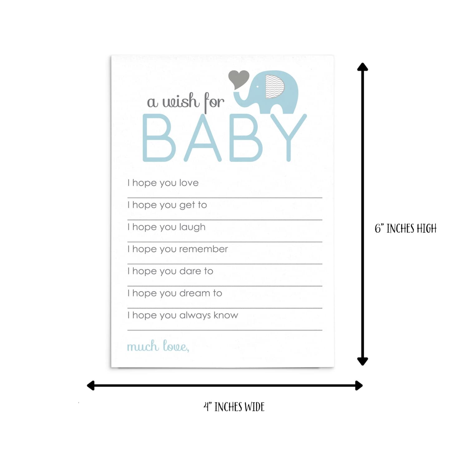 Blue Elephant Wishes for Boys Baby Shower Advice Cand Wish Cards - Parents Keepsake Activity Wishing Well Birthday Memory Ideas Pack of 20 4x6 Set