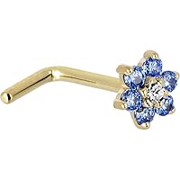 Body Candy Solid 14k Yellow Gold Arctic Blue and Clear Cubic Zirconia Flower L Shaped Nose Stud Ring 18 Gauge 1/4