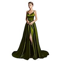 Women's Spaghetti Strap Prom Dress Satin A Line Evening Party Dress with High Slit