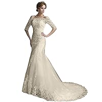 Women's Off The Shoulder Mermaid Wedding Dress 1/2 Sleeves Lace Bridal Gown with Train