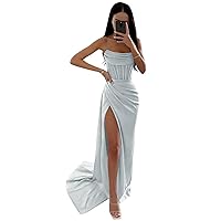 Strapless Bridesmaid Dresses Long Silk Satin Mermaid Corset Prom Dresses Ruched Formal Evening Gowns with Slit
