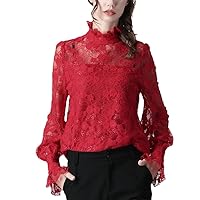 Hook Floral Hollow Lace Blouse Women Lantern Sleeve Stand-Up Collar Loose Casual Pull On Tops Shirts Plus Size