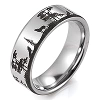 Men's 8mm Flat Tungsten Ring with Engraved Wolves