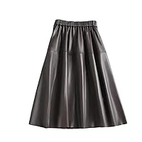 Women Leather Skirt Female Elastic Waist Pleated Mid-Length Skirt
