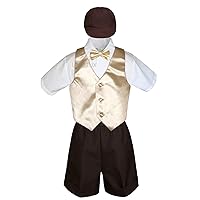5pc Baby Toddler Boy Champagne Vest Bow Tie Brown Shorts Suit Cap S-4T (M:(6-12 Months))
