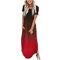 Womens Casual Dresses Short Sleeve Gradient Long Maxi Dresses Flowy Casual Going Out Summer Dress with Pockets